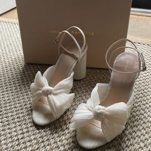 Loeffler Randall knotted Camellia white heels